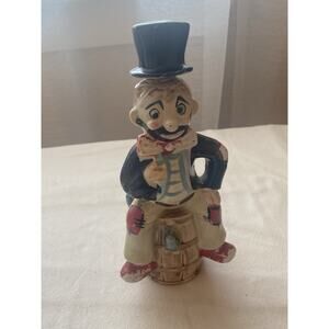 Vintage Clown Rum Decanter Ceramic Sitting on Barrel Black Patches READ